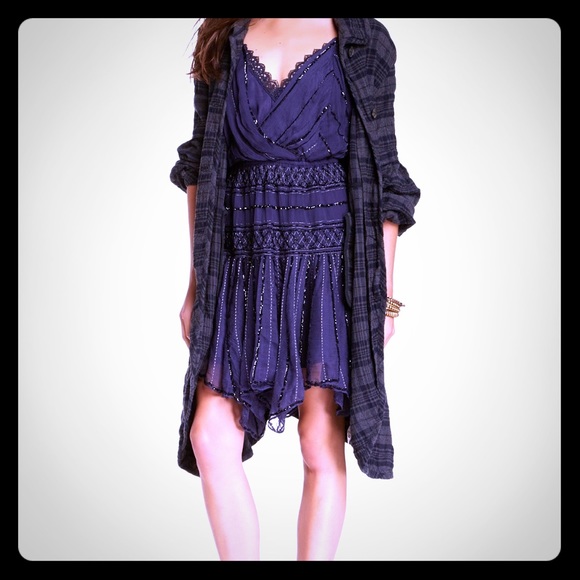 Free People Dresses & Skirts - NEW Free People $250 Shimmer Tea Beaded Blue Dress